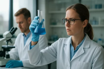 Kémikus a laboratóriumban, kék folyadékkal teli fiola