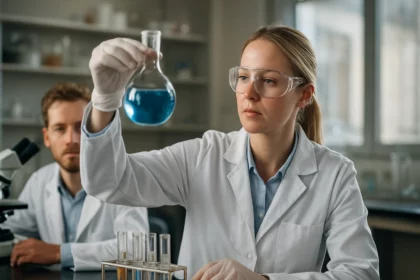 Kémikus laboratóriumi vizsgálatot végez kék folyadékkal