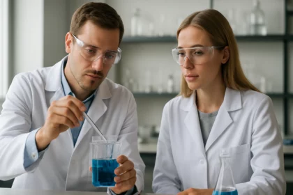 Két tudós kémiai kísérletet végez laboratóriumban kék folyadékkal.