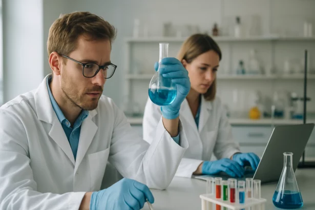 Kémikusok a szappanosítás folyamatát bonyolítják laboratóriumban.