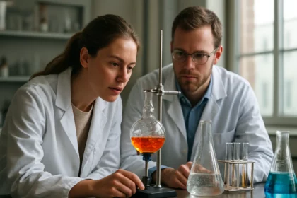 Két kémikus figyeli az eluatumot a laboratóriumban.