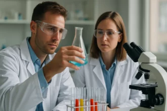 Két kutató laboratóriumi kísérletet végez elúcióval