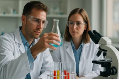 Két kutató laboratóriumi kísérletet végez elúcióval