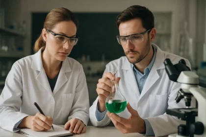 Két tudós laboratóriumban, zöld folyadékkal teli kémcsővel és jegyzet füzetekkel.