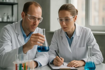 Két kutató laboratóriumban emulgeátorral kísérleteznek.