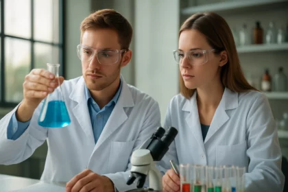 Két kutató laboratóriumban emulziók készítésén dolgozik.