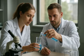 Két kutató laboratóriumban kémiai reakciót végez