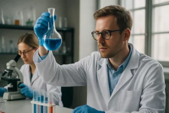 Kémikus laboratóriumban, tükörkép aszimmetria tanulmányozása