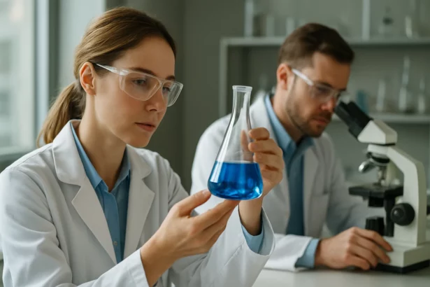 Két tudós laborban: kék folyadékot vizsgáló nő és mikroszkóphoz hajoló férfi
