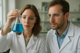 Két kémikus laboratóriumban kék folyadékot vizsgálva