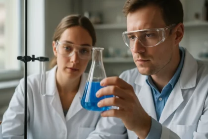 Két kutató laboratóriumban, kémiai reakciót vizsgálva.