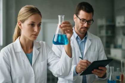 Két kutató laboratóriumban, az egyik kék folyadékot vizsgál