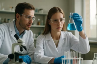 Két tudós laboratóriumban, egy színkódolt folyadékot vizsgálnak