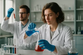 Két kutató munka közben egy laborban, vegyi anyagokkal dolgoznak.