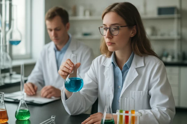 Két tudós laboratóriumi környezetben kémiai kísérleteken dolgozik.