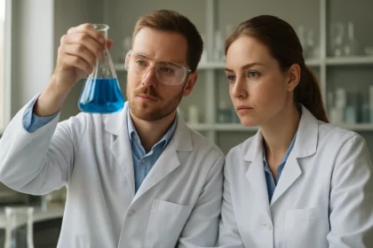 Két tudós laboratóriumi kísérletet végez egy kémcsővel