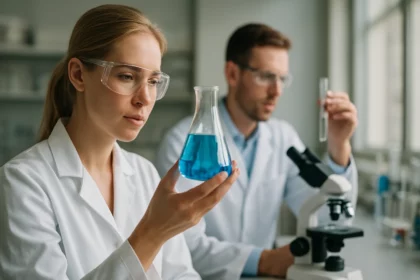 Kémikusok laboratóriumban, kék folyadékkal végzik a kutatást