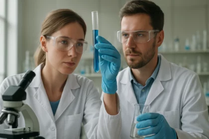 Két tudós kémiai kísérletezést végez egy laboratóriumban.