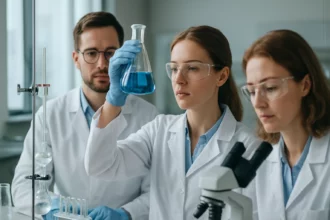 Laboratóriumi kísérlet epoxigyantával, kémikusok munkája