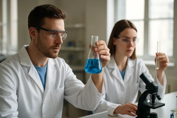 Kutatók laboratóriumban, különböző oldatokkal és mikroszkóppal dolgoznak.