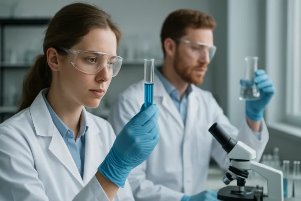 Két tudós laborban dolgozik magnésium-szulfáttal kapcsolatos kísérleteken.