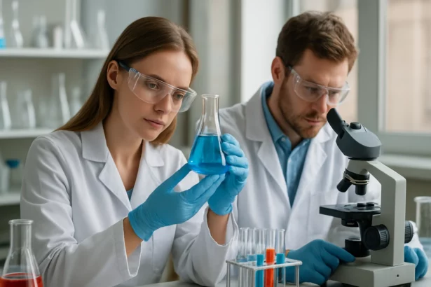 Két kutató laboratóriumban, kémcsövekkel és mikroszkóppal végzett kísérletezés.