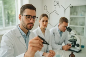 Kémikusok kutatás közben, kémiai szerkezetábrával a falon.