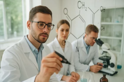 Kémikusok kutatás közben, kémiai szerkezetábrával a falon.