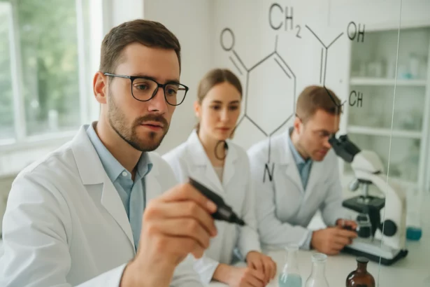 Kémikusok kutatás közben, kémiai szerkezetábrával a falon.
