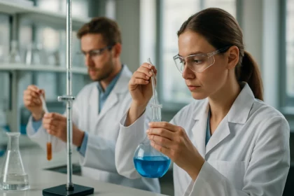 Két tudós laboratóriumban, éppen kémiai kísérleteken dolgoznak.