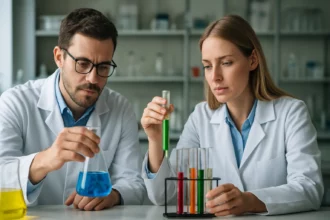 Két vegyész laborban kémiai kísérleteket végez.