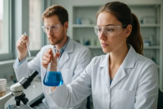 Két kutató laboratóriumban, vizes oldatot vizsgálnak.