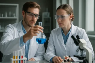 Két tudós laboratóriumi munka közben erős savakkal kapcsolatban.