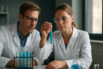 Két kémikus etánt vizsgál a laboratóriumban, kék folyadékkal.