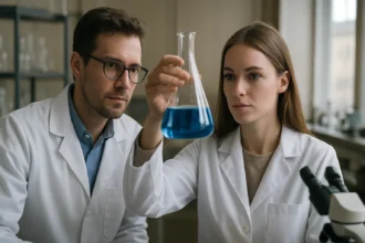 Két tudós laboratóriumban etán-1,2-diol oldatot vizsgálva.