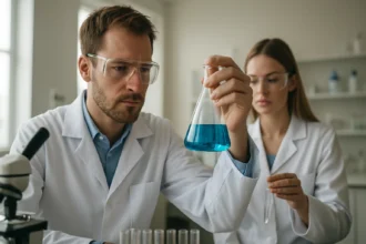 Két kutató kémiai kísérletet végez, acetilcsoport képezésével foglalkozva.