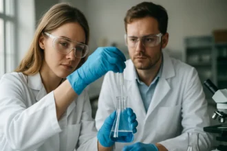 Két kutató dolgozik etanoil-kloriddal egy laboratóriumban.