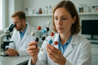 Kémiai kutató etilén molekulát vizsgál egy laboratóriumban.