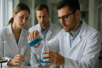 Kémiai kísérlet laboratóriumban, kék folyadékkal