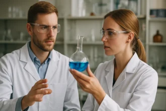 Két kutató a laboratóriumban ételét vizsgálja kémcsőben.