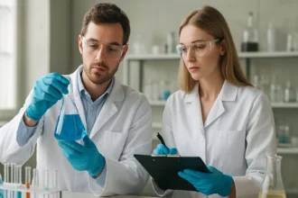 Két kutató laboratóriumban kék oldatot vizsgál