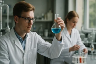 Kémiai laboratóriumban dolgozó kutatók etil-alkoholt vizsgálnak.