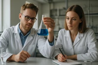 Két tudós a laborban, foszfor kísérletet végeznek.