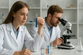 Laboratóriumi kísérletek során dietil-éterrel dolgozó kutatók