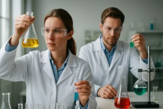 Két kutató laboratóriumi kísérletek közben különböző oldatokkal.