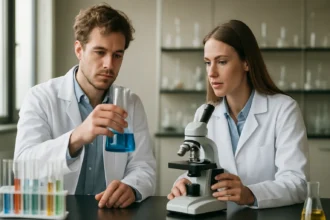 Két tudós laboratóriumban etil-metil-ketonnal dolgozik