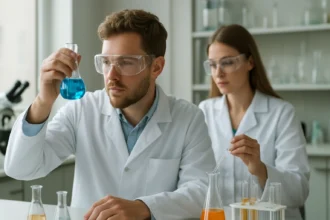 Kémikusok laborkörnyezetben kísérleteznek európium alapú anyagokkal