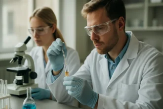 Laboratóriumi kísérletet végző kutatók ötvözetekkel foglalkozva