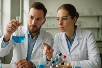 Két kutató laboratóriumban, E151 élelmiszeradalékanyag vizsgálatán.