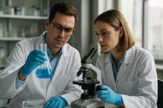 Kutatók laboratóriumban ezüst-halogenidek vizsgálata közben.